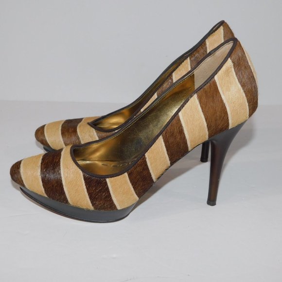 Nine West Womens 6M Brown Tan Striped Animal Hair Platform Heels - Picture 8 of 9